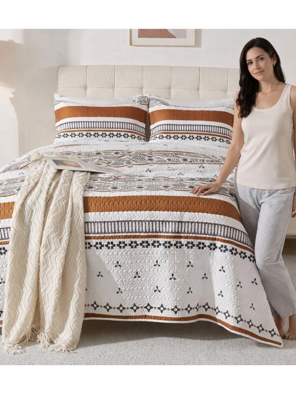 Boho Quilt Set 3 Pieces, Bohemian Bedspread Microfiber Lightweight Coverlet